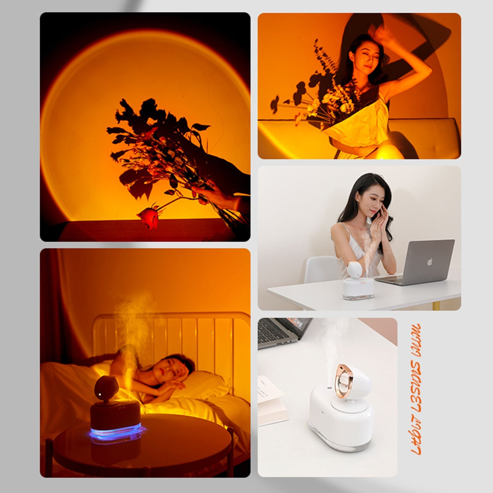2-in-1 Wireless Sunset Lamp Humidifier – 300ML Quiet Cool Mist Diffuser with Ambient Light
